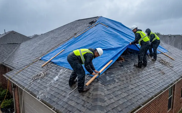 An emergency tarp secured over storm damage on a roof