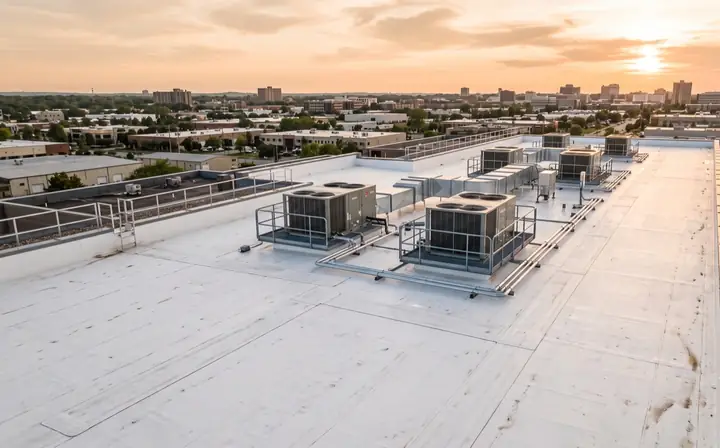 A flat commercial roof with a light-colored membrane system