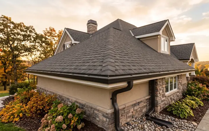 Seamless gutters and a downspout installed along a roofline