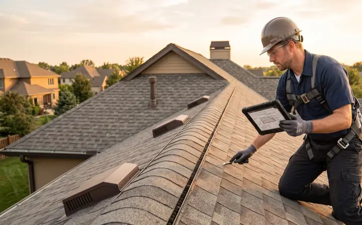 A roofer inspecting a roof and photographing its condition