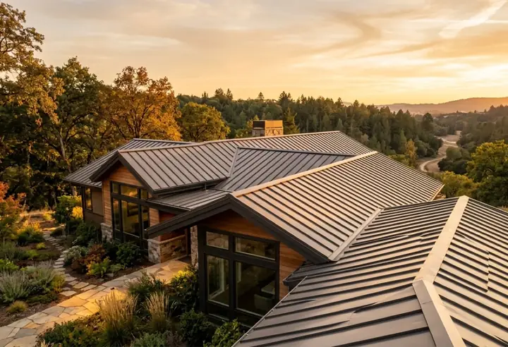 A standing-seam metal roof on a modern home