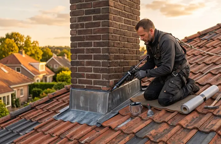 A roofer repairing damaged shingles and flashing on a residential roof