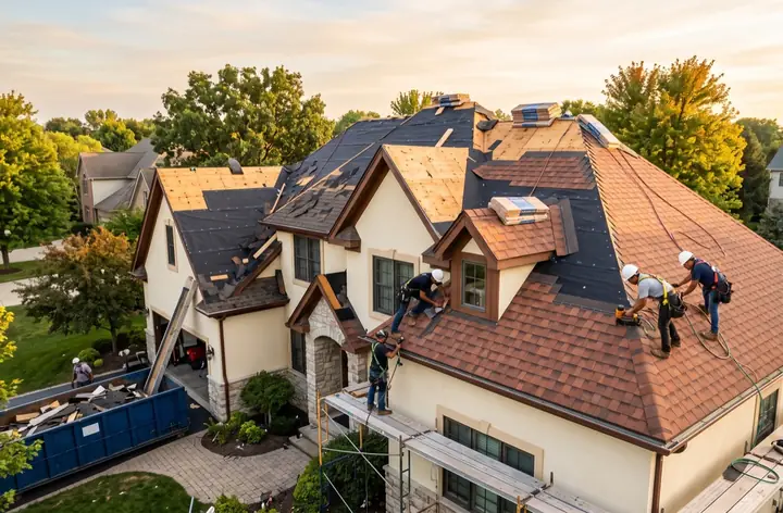 A roofing crew installing new architectural shingles during a full roof replacement