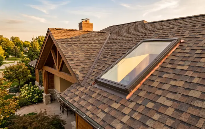 A skylight installed on a sloped residential roof letting in daylight