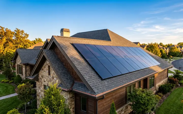 Solar panels integrated into a residential shingle roof