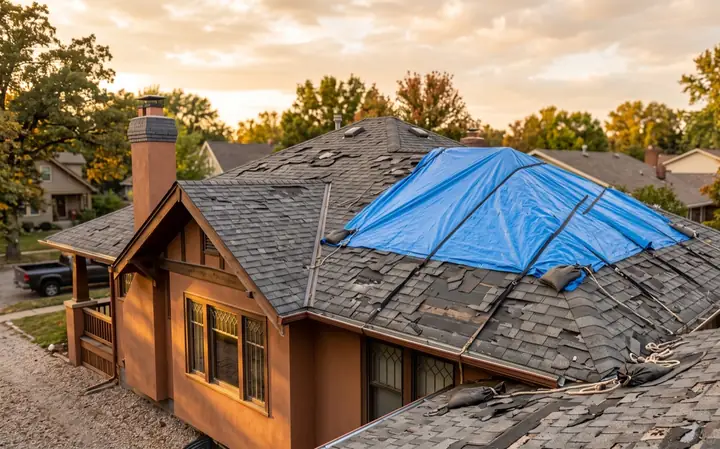 Hail-damaged shingles being documented for an insurance claim